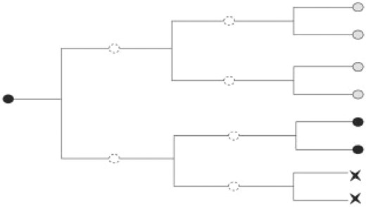 Diagram representing artificial cell lineage tree where light grey cells are positive definite, black cells are negative definite, the X shape cells are dead cells and the white ones, with dashed contour, are unobservable.