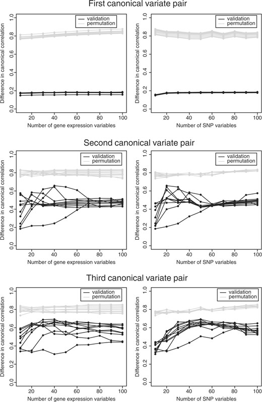 Glioma data. The effect of the choice of the number of variables without zero weights in the penalty on the mean difference in canonical correlation between the training and the validation set (black) and the training and the permutation sets (gray) for three succeeding canonical variate pairs. Each line represents the effect of the number of selected variables in that set, while the number of selected variables in the other set stays fixed. In the right column, the effect of the number of SNP variables and in the left the effect of the number of gene expression variables.
