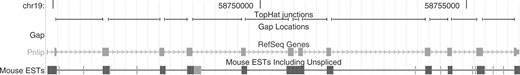 TopHat detects junctions in genes transcribed at very low levels. The gene Pnlip was transcribed at only 7.88 RPKM in the brain tissue according to ERANGE, and yet TopHat reports the complete known gene model.