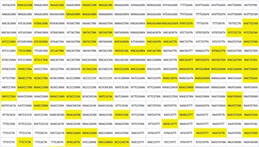 The distribution of 8mer seed complementary sequences in the SOM. Yellow color indicates the clusters of C.elegans miRNAs. Only the upper right quarter of the SOM is shown. The entire network can be seen in Supplementary Figure S2.