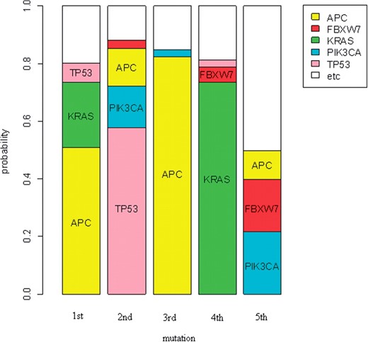 Most frequently mutated genes at each mutational step for colorectal tumors (Wood et al., 2007). The length of the sub-bar corresponding to gene i at the k-th mutational step is the MLE of Pk,i