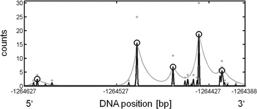 An example illustrating the results of the TSSi analysis for 5′ tag data. The horizontal axis is the genomic position of the transcribed DNA sequence, in this example on scaffold 1. Negative numbers on this axis indicate the anti-sense strand, i.e. transcription in the plot occurs from left to right. The raw reads at positions of the respective 5′ ends of the template DNA sequences are plotted as gray dots. The measurements processed by the regularization procedure are plotted as black lines and the predicted TSSs are depicted as black circles. The gray line indicates the contamination threshold level. For this illustration, λ1=1, λ2=0.1, τ5′=5 and τ3′=10 have been chosen