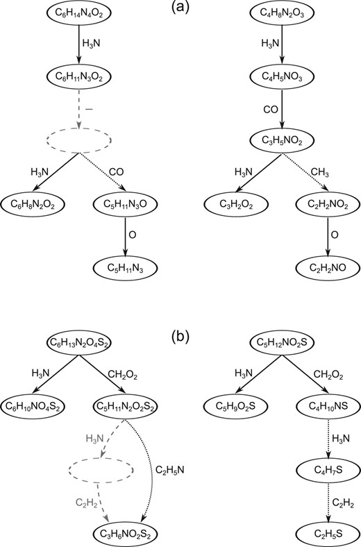 Two alignments of fragmentation trees based on edge similarities. Nodes represent molecular formulas of the fragments, edges represent molecular formulas of the losses. (a) A gap (−) is introduced for the missing CO loss in the left tree (dashed edge and node). Losses CO and CH3 are aligned by a mismatch (dotted edges). (b) In the left tree, the fragment after loosing H3N is missing (dashed edges and node), whereas the fragment after further loss of C2H2 is observed. To account for missing fragments, we introduce the join operation. It allows to align the two successive losses H3N and C2H2 in the right tree to a single loss C2H5N in the left tree (dotted edges). Fragments may be missing because the corresponding peak was not detected, for example