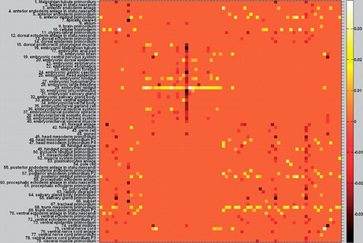 The learned difference matrix. (It is better to be viewed in colorful and zoomed in mode.) In order to see the asymmetric entries more clearly, we plot Paa*−Paa*T. After PRW, the entries marked as brighter square have higher conditional probability (positive correlation) than its counterpart which is marked as darker color. This asymmetric reflects more accurate term–term correlation than the original symmetric assumption