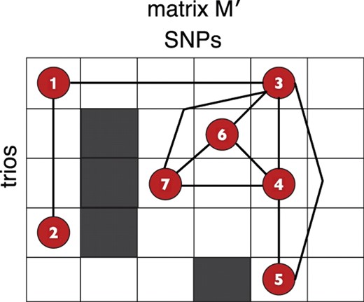 The outline of the matrix M′ is given with the red vertices corresponding to evidence of deletion sites in G. Four maximal cliques are formed, namely, {1,2},{1,3},{3,4,5} and {3,4,6,7}. Each maximal clique induces an interval that is the shortest such interval associated to the vertex set.