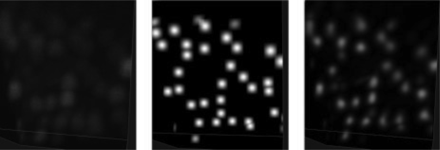 Illustration of semantic deconvolution: a portion of the original image (left), the associated ideal image (middle), image filtered by the trained neural network (right). Best viewed by zooming in a computer screen