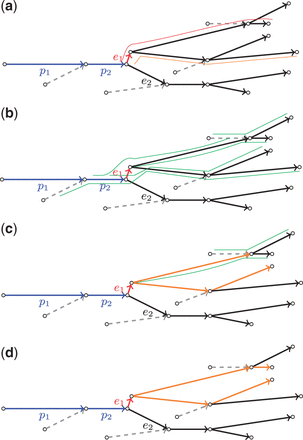 (a) An example of path P in the assembly graph (shown in blue) and its extension edges e1 and e2. The representative path for e1 is shown in red above the graph, whereas another extension path for e1 (with lower score) is shown in orange. (b–d) A step-by-step example of the work of ExtensionSearch algorithm for constructing extension paths (marked orange) for edge e1 using the pre-constructed paths from the set S (shown as five green paths in the top figure). At each step, the ExtensionSearch algorithm grows an extension path E (that is shorter than Imax) using only E-consistent extension edges (with respect to S)