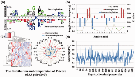(a) A two-sample logo of the compositional biases. (b) Comparisons of AAC in positive and negative datasets. (c) Weight distribution and comparisons of k-space scores of amino acid pairs (k = 0). (d) The accuracy of 544 physicochemical properties with the default parameters of SVM