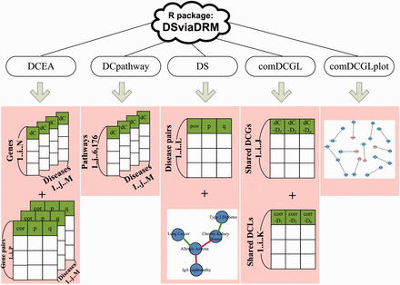 The overall design of DSviaDRM. DSviaDRM includes DCEA, DCpathway, DS, comDCGL and comDCGLplot functions. In comDCGL, dC − Dn is short for the dC values of genes for disease n; similarly, corr-Dn is short for the correlation values of gene pairs for disease n