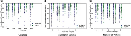 The effect of coverage, number of samples, and number of vertices on performance of AncesTree and PASTRI. For every combination of parameters, we generate 50 trees. Here we report the proportion of ancestral relationships that were correctly recovered. Overall, PASTRI has higher average performance for all sets of parameters, but the magnitude of this effect differs. (a) As the coverage increases, and uncertainty in variant allele frequencies decreases, PASTRI’s accuracy increases. AncesTree’s accuracy increases initially, but declines at the highest coverages. (b) Similarly, as the number of samples increases and the problem becomes more constrained, PASTRI’s accuracy increases, while AncesTree’s accuracy peaks with four samples, and then declines. (c) As the number of vertices in the tree increase, both AncesTree and PASTRI see a similar moderate decline in performance, although PASTRI consistently outperforms AncesTree