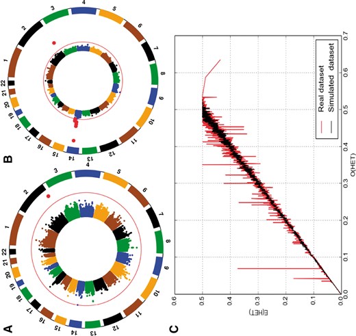 (A) GWAS analysis using a real dataset (unpublished data), (B) GWAS on simulated case-control from the real case-control and (C) proportion of observed versus expected heterozygosity in both real and simulated data. Red dots in the plots (A) and (B) indicate the significant SNPs detected (Color version of this figure is available at Bioinformatics online.)