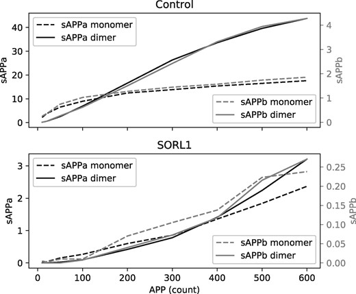 Plotted are average initial rates of the production of sAPPa, sAPPb and their respective homodimers in the BEL2ABM simulation based on the amyloid beta cascade with varying initial number of APP agents. The sigmoidal curves observed in the control correspond to the cooperativity of the allosteric secretase dimers of sAPPa and sAPPb. Perturbation with SORL1 inhibits oligomerization, shown by the loss of sigmoidal shape, as well as causing significant decrease in the production of each of sAPPa, sAPPb and their respective homodimers. Settings alpha secretases: 10; alpha secretase dimers: 10; beta secretases: 1; beta secretase dimers: 1; SORL1: 3; APP binding sites of allosteric enzymes: 2; binding strengths: 95%; high lifespans so few molecule dies during experiment; 400 replicate runs at each APP concentration 