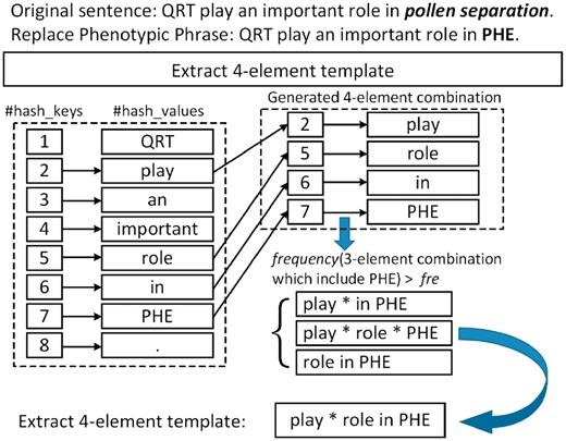 The procedure for sentence template extraction using high frequency three-element combinations to generate four-element template