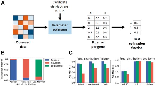 Selecting the best sampling distribution for a dataset from a set of distributions using Distribution Selector. (A) Overview of Distribution Selector. (B) ‘Best Estimation Fraction’ correctly identifies distributions of synthetic datasets. (C) Comparison on different single cell datasets show that using predicted distribution leads to the highest cluster purity (measured using arg-max NMI)