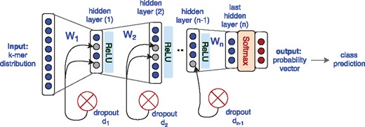 General architecture of the MLP neural networks that have been used in this study for multi-class classification of environment and host phenotypes