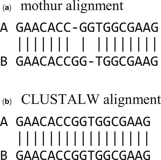 Typical misalignment by mothur. Segment of the alignments by mothur (above) and CLUSTALW (below) for soil.1137 (a) and soil.191 (b); sequences are given in the Supplementary Material. See Supplementary Figure S1 for complete alignments. Misalignments of this type do not occur with pair-wise dynamic programming