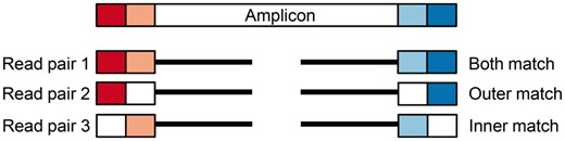 Reads that match an amplicon during the seeding stage in Nimbus align. Only reads where both ends, either inner or outer, align to the amplicon sequence are selected for alignment to the reference genome and are included in the alignment output file. In all other cases the read pairs, where one or more seeds do not align, are discarded. Matching k-mers are indicated with identical colours