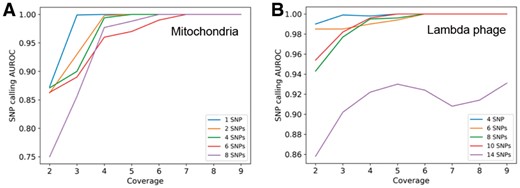(A) The relationship between the SNP detection performance and the coverage as well as the number of introduced SNPs on the simulated reads from the mitochondrial genome. (B) The relationship between the SNP detection performance and the coverage as well as the number of introduced SNPs on the simulated reads from the lambda phage genome