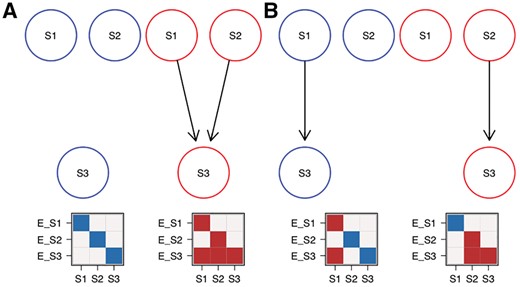 Example for non-identifiability of two M&NEMs. (A) Mixture of two components (blue, red) with their respective expected data patterns below. Dark areas are effects and light areas are no effects. Each column of the data is a cell and each row is the expected effect pattern for gene E_X attached to S-gene X. (B) Mixture with different components than A, but overall the exact same expected data profile