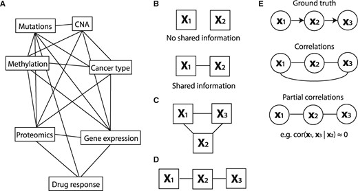 High-level overview of this work. (A) The goal of this work is to infer a topology of relationships between pharmacogenomics datasets (an example topology is illustrated here). (B) When two datasets share information (i.e. when their RV coefficient is non-zero), we will indicate them as connected in a topology. (C) A topology of three datasets that all share information. We will convert this topology to the one depicted in (D) if the shared information between X1 and X3 is fully contained in X2. (E) To create these topologies we will draw on methods for inferring a topology between single variables using partial correlations. Top: the original causality graph. Middle: the topology as inferred using correlations. Bottom: the inferred topology using partial correlations