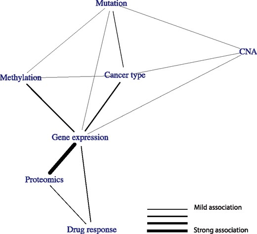 Relationships between datasets in the pharmacogenomics data, as determined using the PC algorithm run on the partial matrix correlations. An edge indicates that two datasets share information that is not present in any of the other datasets