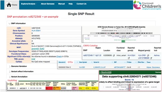 Exploration—example: SNP explore result for rs9272346 with snapshots of non-coding variant annotations databases including RegulomeDB, HaploReg, GTEx and Roadmap Epigenomics (Color version of this figure is available at Bioinformatics online.)