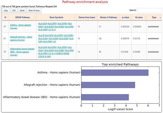 Pathway enrichment analysis: Result interface having downloadable HTML table listing pathways and corresponding gene counts. Bar plot of top enriched pathways is also included (Color version of this figure is available at Bioinformatics online.)