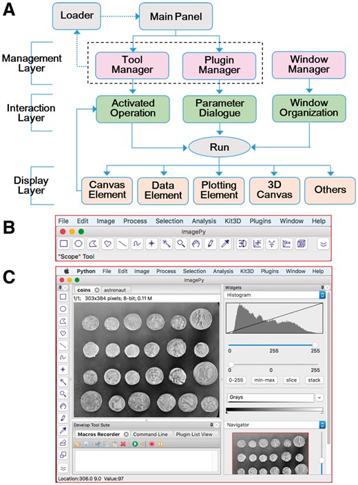 Software architecture and UI of ImagePy. (A) Three layers mainly comprise the architecture, and Run performs the main function. The dotted-line-arrow means that Loader is automatically implemented only one time after starting the software. The main panel has two modes: (B) the classical style, which imitates ImageJ and (C) the AUI, which serves individuals’ requirements
