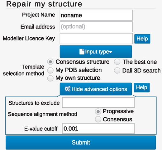 The view of the repair form. The minimal data needed for job submission is the protein structure and sequence which can be specified upon ‘Input type’ button. To facilitate modeling, the user can influence template selection via changing the search method or adjust the method options in ‘Advanced option’ (displayed in the bottom box)