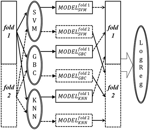 Blending of the outputs of SVM, GBC and KNN to generate independent prediction outputs on two different folds of the full training set. These outputs are then used as training features for the meta-level LogReg classifier. The objects and arrows associated with fold 1 and fold 2 are indicated by solid line and dashed line, respectively