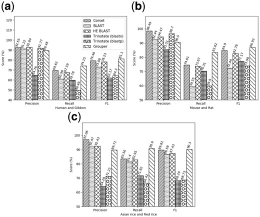Accuracy results: The precision, recall and F1 scores from different annotations methods on the human genome using the gibbon as a closely related annotated species (a), on the mouse dataset using the rat genome (b), and the Asian rice dataset using the red rice genome (c). Note: HE BLAST refers to using BLAST to annotate only the contigs that have more than 10 reads mapping to them, as quantified by Salmon