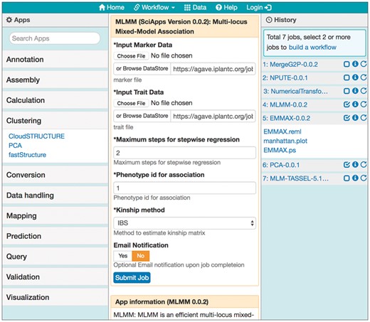SciApps web interface. The interface, in which users perform data analyses and build workflows, has four areas: the navigation bar, containing workflow functionalities (building, loading, public and private workflows), a link to example data, help, and login for CyVerse authentication; the app panel (left column) for categorized apps (with the Clustering category clicked and expanded); the main panel (middle column) for app form(s) or workflow builder form; and the history panel (right column) for job name followed by three icons: checkbox for building a workflow from executed jobs, job history (i), and job re-launch. Here, a seven-step association workflow is loaded in the history panel, the app form of the fourth step is re-loaded in the main panel, and the results from Step 5 are clicked and expanded in the history panel. As an example, Steps 4–6 are checked (for building a new workflow)