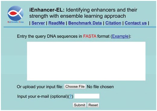 A semi-screenshot to show the top page of iEnhancer-EL web server. Its web-site address is at http://bioinformatics.hitsz.edu.cn/iEnhancer-EL/