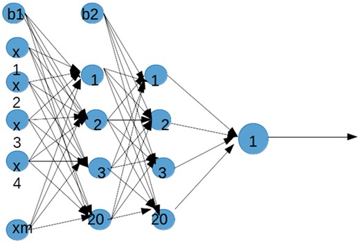 Neural Network Architecture. The architecture of the neural network was used to predict host-pathogen PPI. Four layers and a varying number of nodes in the input and hidden layers were used. This network has 16 nodes in the input layer, 20 nodes in the first hidden layer, 20 nodes in the second hidden layer and 1 node in the output layer