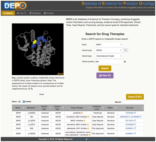 Screenshot of DEPO portal. Example showing a search for drug therapies pertaining to the BRAF gene in skin cutaneous melanoma (SKCM). JSmol provides visualization of protein residue locations with known drug activity as reported in the DEPO database (blue) and of the query site (yellow), which HotSpot3D has predicted to be putative candidate site with functional significance. The table below lists the curated drug information for the mutationally clustered sites (blue), i.e. drug therapy, drug class, evidence level, drug effect and hyperlinks to literature sources