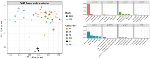 Left: Projection of the observations on the first two KPCA axes. Colors represent the oceanic regions and shapes the depth layers. Right: The five most important variables for each of the eight datasets, ranked by decreasing Crone-Crosby distance