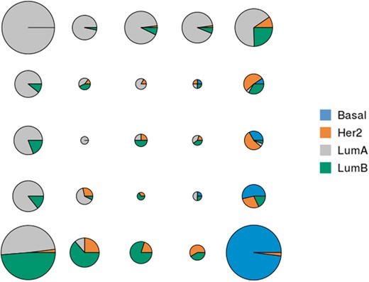 For each unit of the map, distribution of breast cancer subtypes. Colors represent the different breast cancer subtypes (Basal, Her2, LumA or LumB) and the area of the pie charts is proportional to the number of samples classified in the corresponding unit