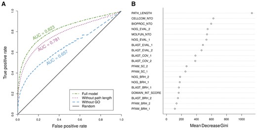 Variable importance and performance of the random forest classifiers used to predict protein–protein interactions. (A) ROC curve of the random forest classifiers. The ROC curves were built using the OOB votes of the random forests for the Drosophila interacting and non-interacting transcript pairs. We trained three random forest classifiers, one with 19 features (full model), another one without the feature ‘PATH_LENGTH’ (without path length), and finally, one without the three ‘GO NTO’ features (without GO). All of them were compared against a random classifier (solid grey line on the figure). (B) Variable importance of the features used by the full model random forest classifier to predict interacting protein pairs. A description of the features can be found in Supplementary Table S1