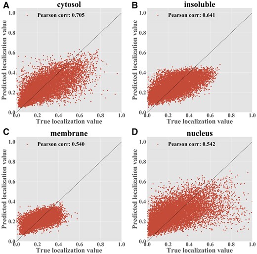 RNATrackerseq predictions for the CeFra-Seq dataset by fractions, trained with full-length transcripts. Each point is a transcript with its true localization value shown on the x-axis and the predicted value shown on the y-axis. (A) Cytosolic fraction (B) Insolution fraction (C) Membrane fraction (D) Nuclear fraction