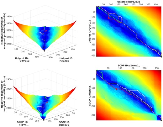 Landscapes generated for two randomly selected pairs, one pair taken from the Human ortholog benchmark, and the other from SABmark benchmark. For more, see Supplementary Section S5