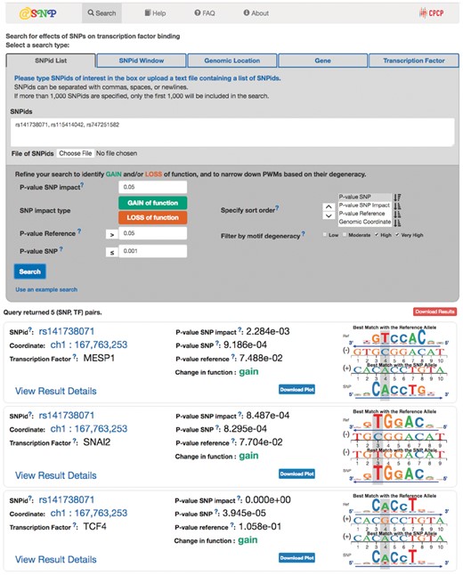 The atSNP Search input form and output table. atSNP Search evaluates both strands of the reference and variant alleles around each SNP location given a motif. The composite sequence logo plot depicts the best matches of both alleles to the motif along with the strand information