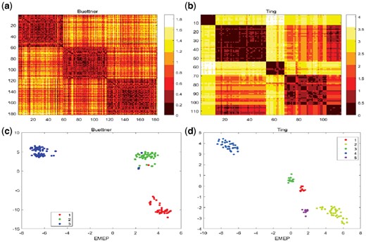 (a) Heatmap visualizes the Buettner dataset including 182 embryonic stem cells and 8989 features with three clusters in the similarity matrix. (b) Heatmap visualizes the Ting dataset including 114 pancreatic circulating tumor cells and 14 405 features with five clusters using the similarity matrix. (c) 2D visualization for Buettner dataset. (d) 2D visualization for Ting dataset