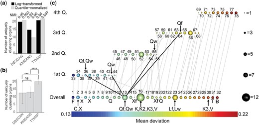 TTMap characterizes deviations of gene expression in different fly organs from whole fly tissues (flyatlas: GSE7763). (a) Barplot representing the number of uniquely clustering organs on log-transformed data and on quantile-normalized data using DBSCAN, k-means and TTMap, with NMI score reflecting the changes to the expected results, i.e. all the profiles of the different organs are in a separate cluster. (b) Barplot representing the number of uniquely clustering organs with random subselection (n = 20) of 50% of the genes on quantile-normalized data using DBSCAN, k-means and TTMap, ***=P-value=0.0001, ****=P-value<e−08, ns=not significant. (c) Output of TTMap showing the global clusters (Overall) and local clusters (first, second, third, fourth Q. of the amount of deviation function) with its links to the global clusters. The size of the sphere corresponds to the number of samples in the cluster, the color the average amount of deviation. The number above the sphere identifies the clusters and the letters indicate organs inside a cluster (C: carcass, X: adult trachea, Xf: larvae trachea, Q: fatbody, K: spermatacea virgin, K2: spermatacea mated and K3: spermatacea virgin (redone), V: adult toracic muscle, Qw: fatbody of the wandering larvae, Qf: fatbody of the feeding larvae, Lw: malpighian tubule of the wandering larvae, Lf: malpighian tubule of the feeding larvae, F: whole larvae, T: Testes, B: Brain). Outliers are the adult trachea (X) in clusters 3, 5, the larvae trachea (Xf) in cluster 15, as well as the fatbody (Q) in cluster 10