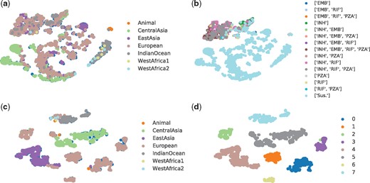 Illustration of latent structure using t-SNE: (a) lineage distribution resulted from DeepAMR; (b) phenotype distribution resulted from DeepAMR; (c) lineage distribution resulted from DeepAMR_cluster and (d) predicted clusters resulted from DeepAMR_cluster