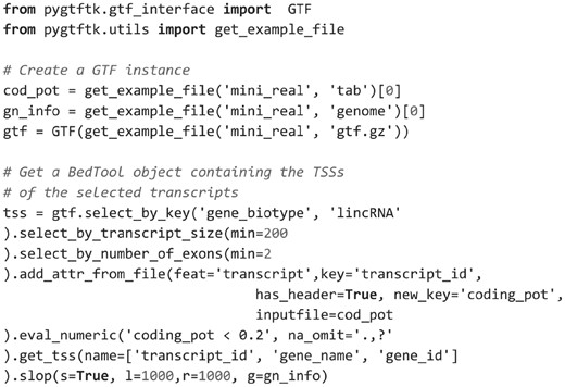 Use case for the pygtftk package. These few lines of codes are used to extract the promoter region [(−1000, 1000) around the TSS] of LincRNAs, with the conditions that the transcripts have size greater than 200 nt, at least two exons and a coding potential (assessed by CPAT and joined from an external file) below 0.2 (Wang et al., 2013)