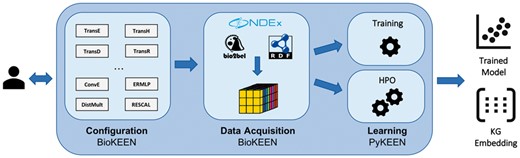 Software architecture of BioKEEN (i) Configuration: Users define experiments through the CLI. (ii) Data Acquisition: Dataset(s) are (down-) loaded and transformed into a tensor. (iii) Learning: The KGE model is trained with user-defined hyper-parameters or a hyper-parameter search is applied to find the best set of hyper-parameter values. The functionality of this layer is externalized in the Python KnowlEdge EmbeddiNgs package