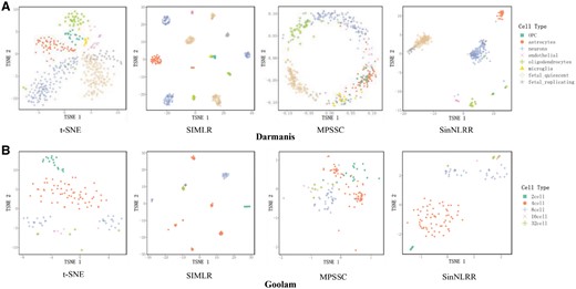 Visualization of the cells in (A) Darmanis dataset and (B) Goolam dataset based on the native t-SNE and modified t-SNE with learned similarity matrix from SIMLR, MPSSC and SinNLRR