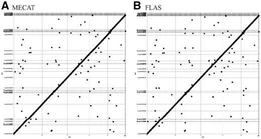 MUMmer plots of the A.thaliana contigs by Canu*, assembled from the MECAT corrected long reads (A) and FLAS corrected long reads (B), respectively