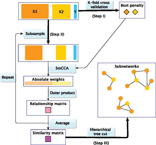 SmCCNet work flow overview. X1, X2 and Y indicate mRNA expression levels, miRNA expression levels and phenotype measurements, respectively. Step I: Identify the best penalty pair through a K-fold CV. Step II: Randomly subsample (omics) features without replacement, apply SmCCA with the chosen penalties and compute a feature relationship matrix for each subset. Repeat the process many times and define the similarity matrix to be the average of all feature relationship matrices. Step III: Apply a hierarchical tree cut to the similarity matrix to find the multi-omics networks