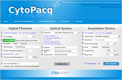 A screenshot of the CytoPacq web-interface. The configuration form is divided into three sections, corresponding to the underlying simulation modules